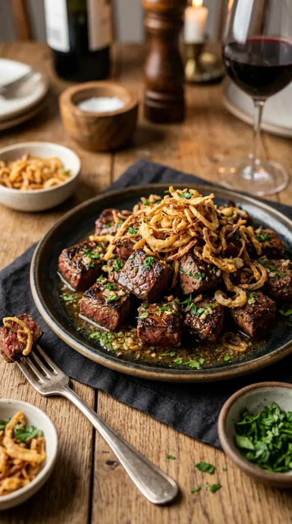 Garlic Butter Steak Bites with Crispy Onions